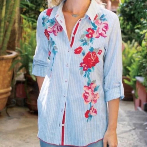 Soft Surroundings Garden City Floral Embroidery Striped Button Down Shirt Small - Picture 1 of 6